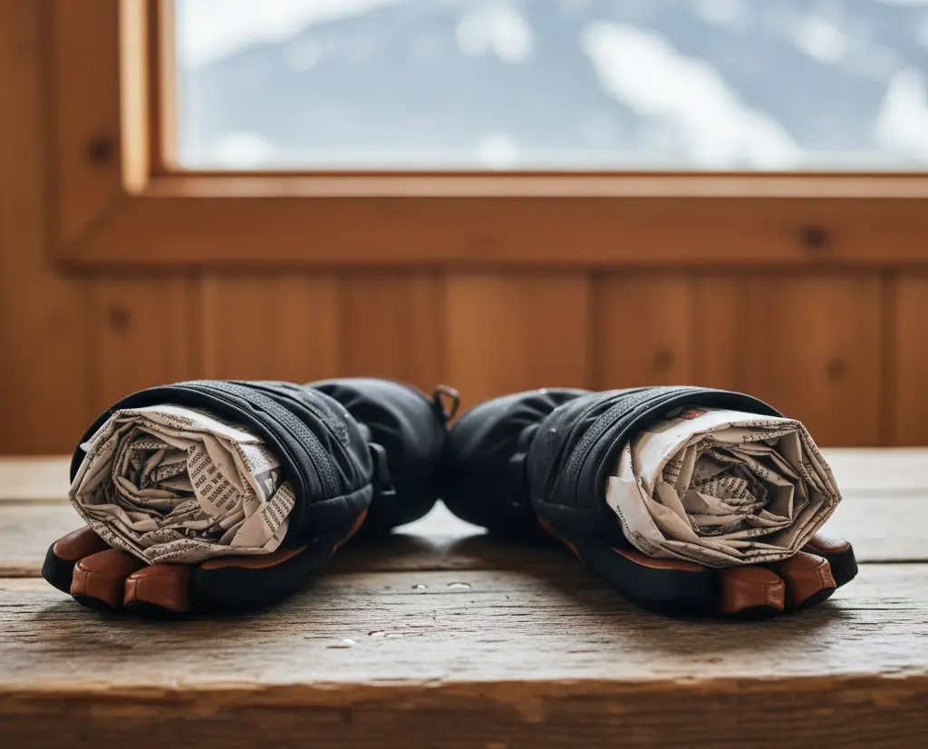Practical maintenance tip showing how to use newspaper to dry the interior of wet spring ski gloves overnight