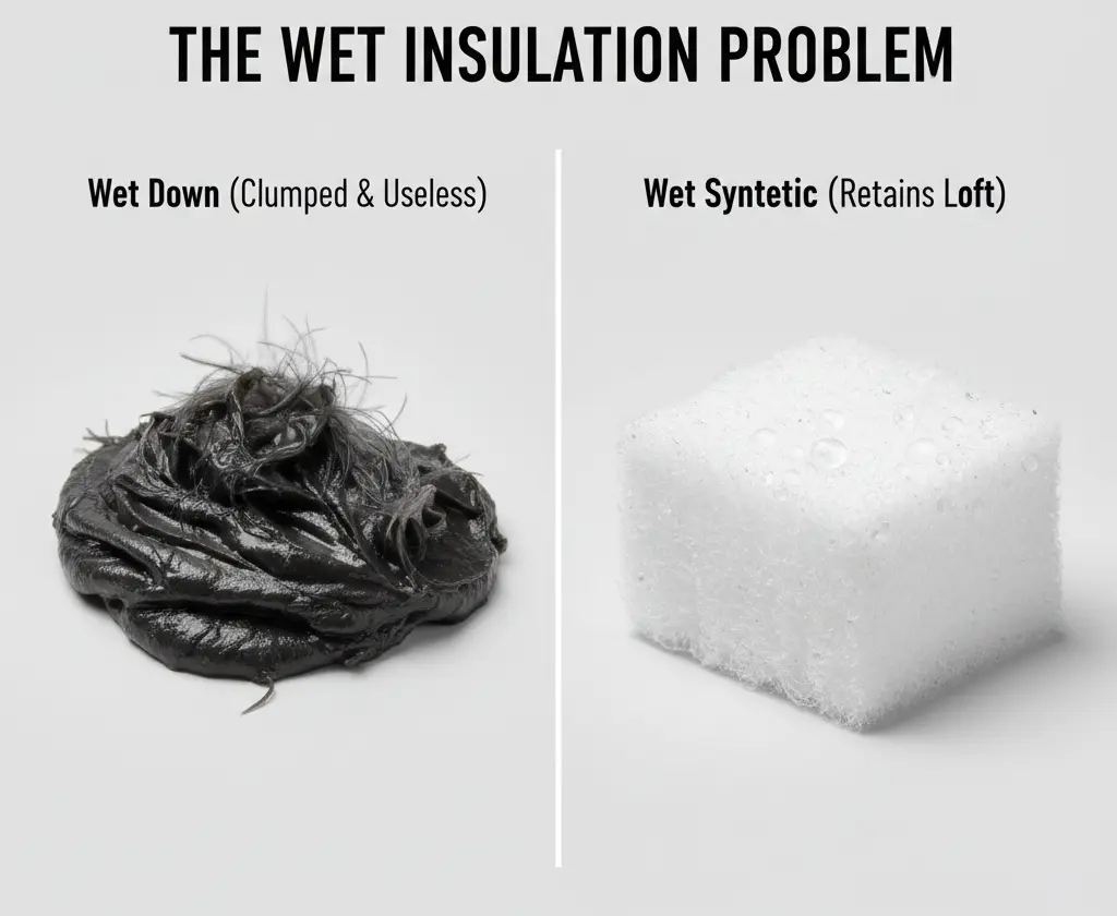 Comparison of wet down feathers clumping vs. synthetic insulation, maintaining loft when wet