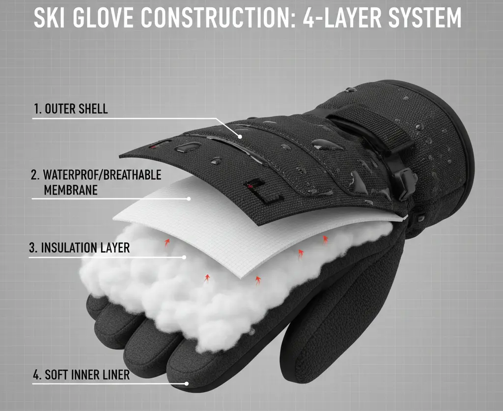 Cross-section diagram of ski glove layers showing shell, membrane, and insulation