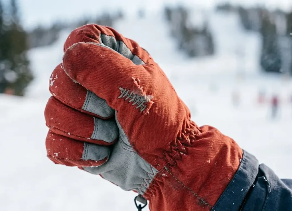 Performing a flex stress test on a repaired ski glove palm to ensure the stitching holds