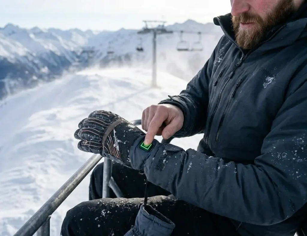  A skier adjusting the heat control button on their heated ski gloves during a cold chairlift ride.