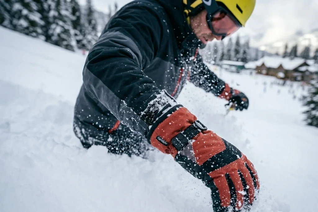 Skier's gauntlet cuff preventing snow entry into the jacket sleeve after a fall