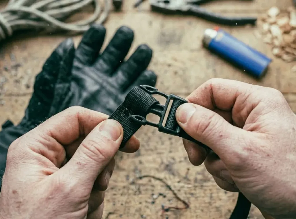 Threading a nylon strap through a replacement buckle friction bar to ensure it locks securely