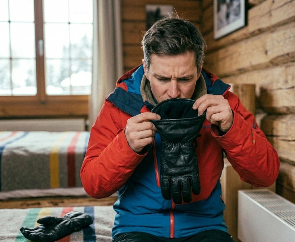 Checking the inside of a ski glove for a musty smell after an incomplete drying cycle