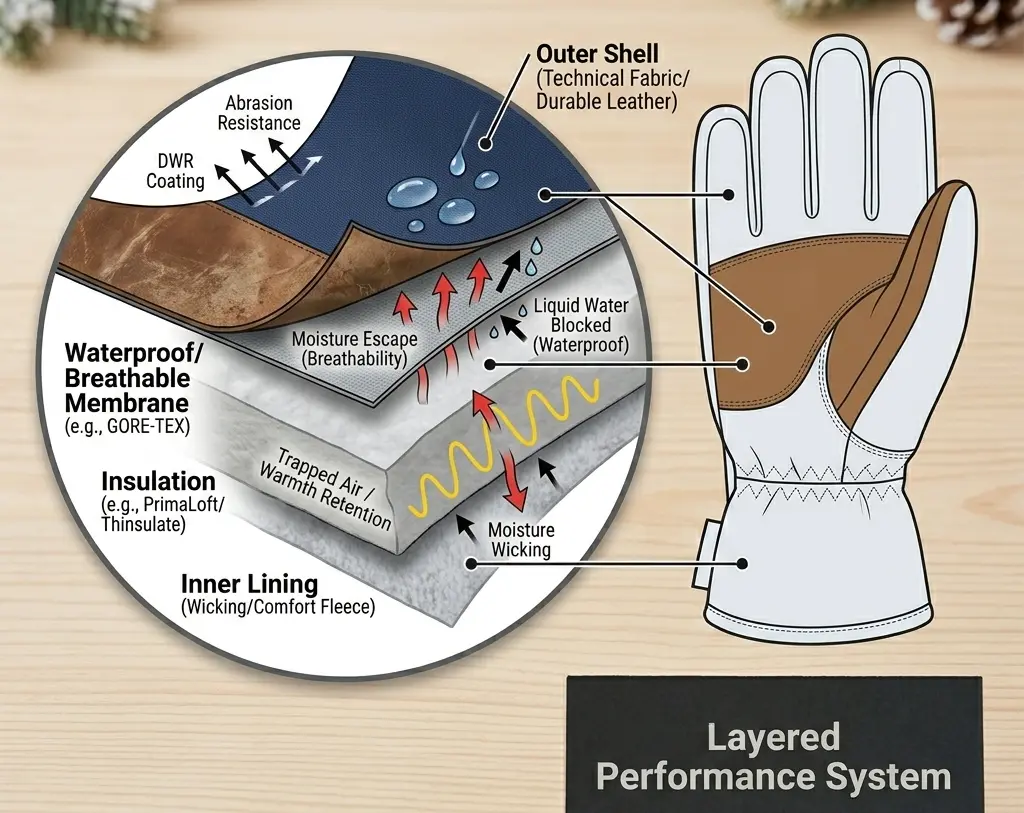 Diagram showing the four layers of a ski glove: outer shell, waterproof membrane, insulation, and inner lining