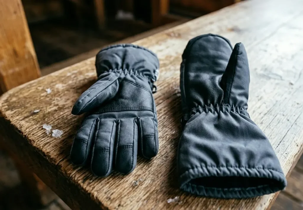 Comparing the high number of seams on a toddler ski glove to a waterproof long gauntlet ski mitten