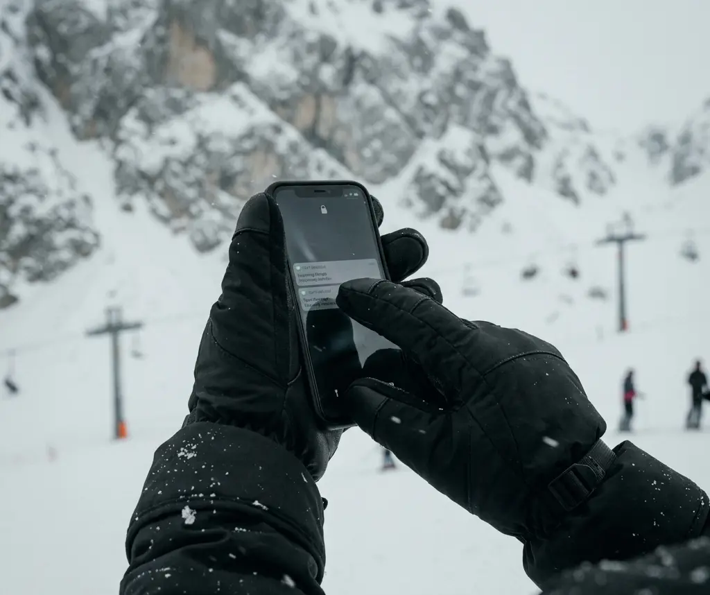 A first-person view of a skier demonstrating how to use phone with ski gloves on by pressing a hardware volume button