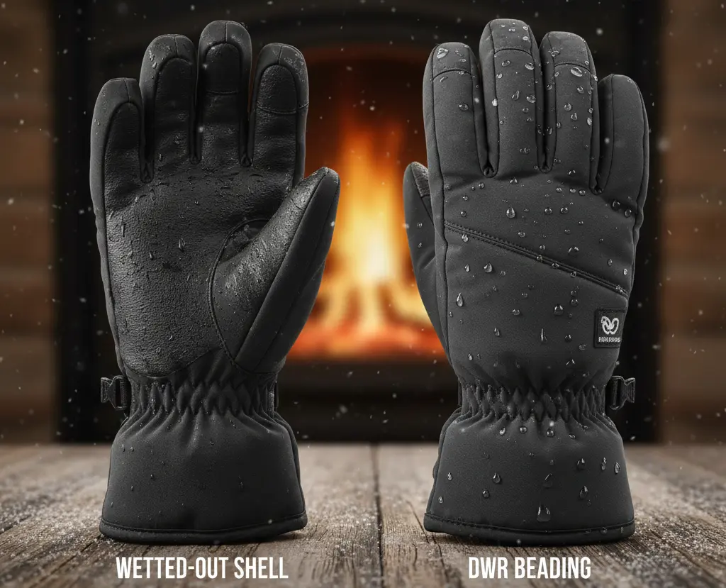 Photo of ski glove shell wetting out vs DWR beading