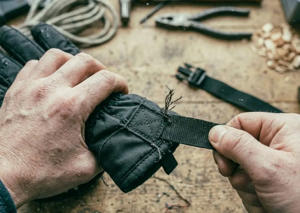 Performing a hard pull test on a newly replaced ski glove strap to ensure the box stitching holds.