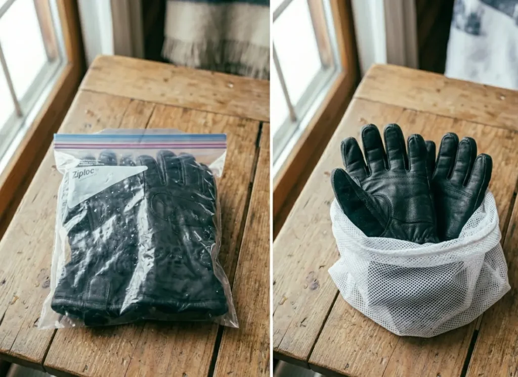 Storing ski gloves in a breathable mesh bag instead of a sealed plastic bag to stop odors
