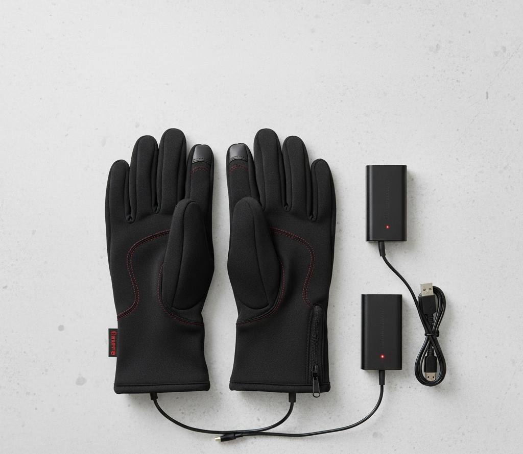 Heated glove liners with battery pack on table — advanced ski glove liner option