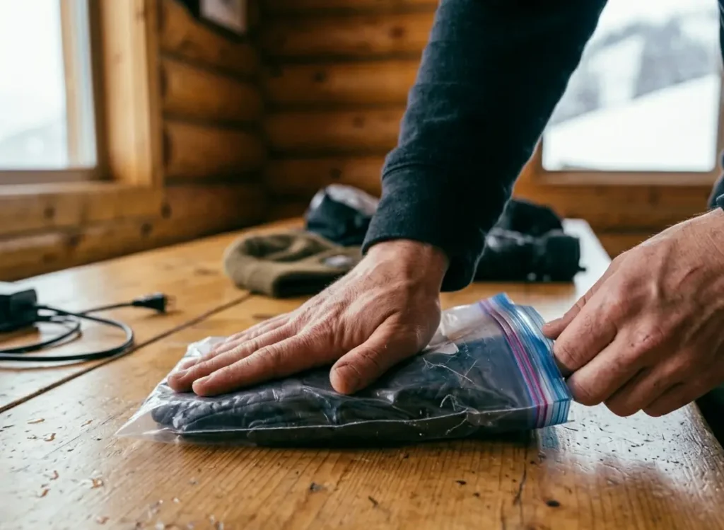 Pressing ski gloves palm-to-palm before sealing them in a bag to save pocket space.