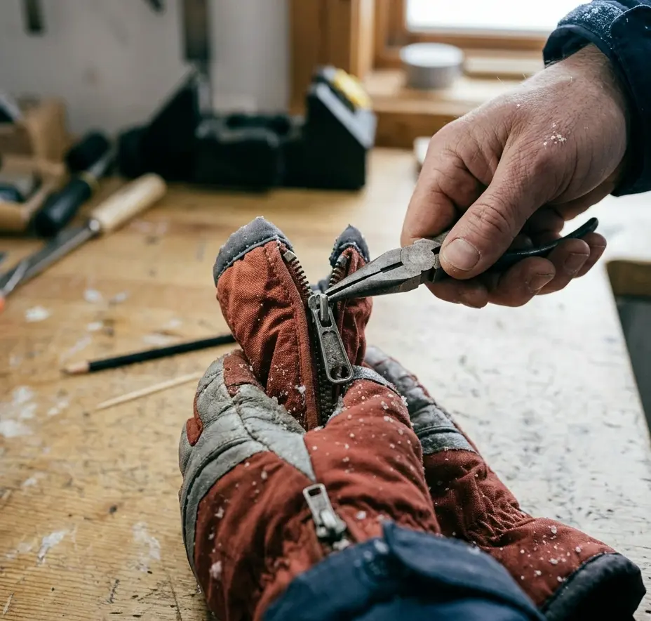 Using flat-nose pliers to gently compress a widened zipper slider on a ski glove