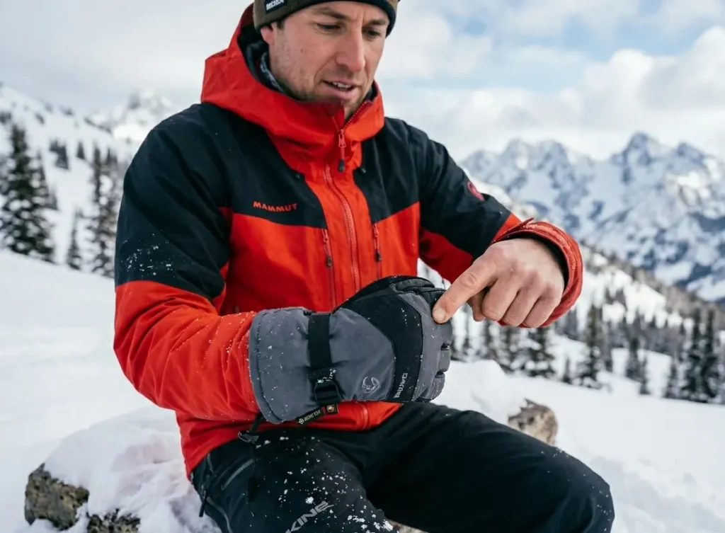 Checking ski glove sizing by making a full fist to ensure the liner is not compressed