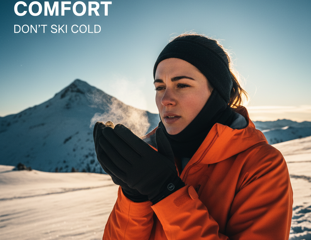 Woman wearing ski gear and glove liners warming hands in cold mountain air — what are glove liners for skiing comfort