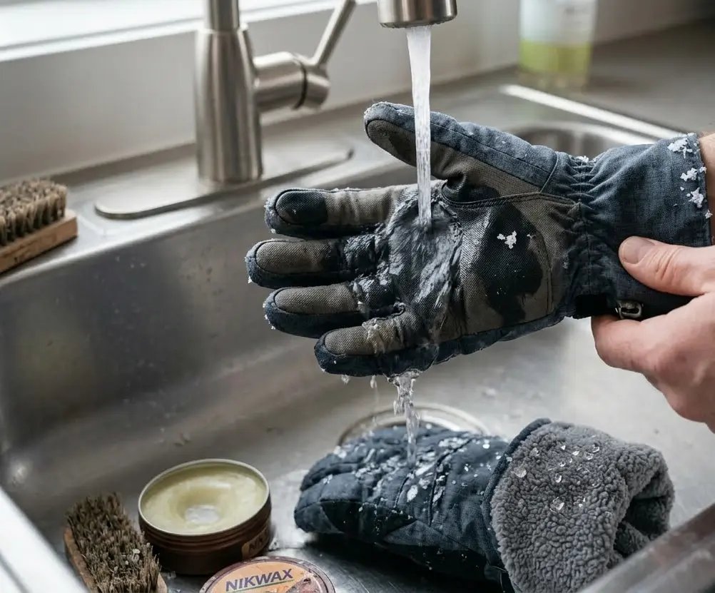 Running water over an older ski glove in a sink to test if the DWR surface coating is still active
