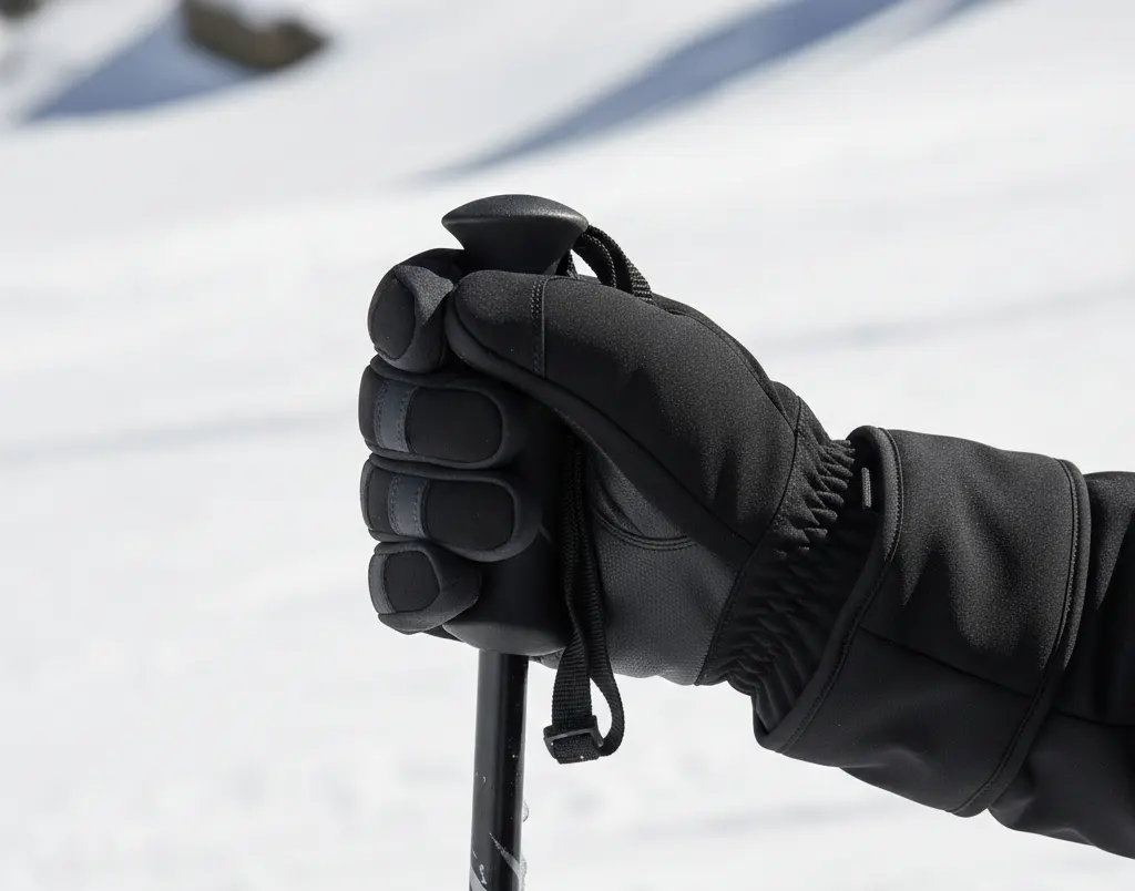 Testing a snowboard glove on a ski pole, showing how thick palm padding interferes with a skier's grip and control