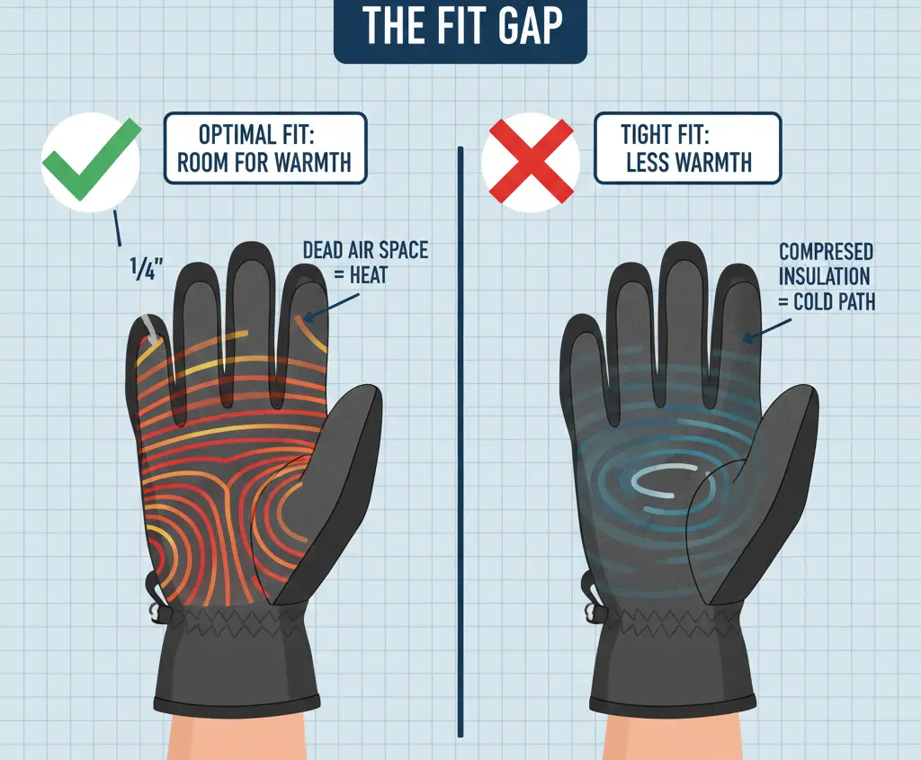 Diagram of proper ski glove fit for extreme cold warmth