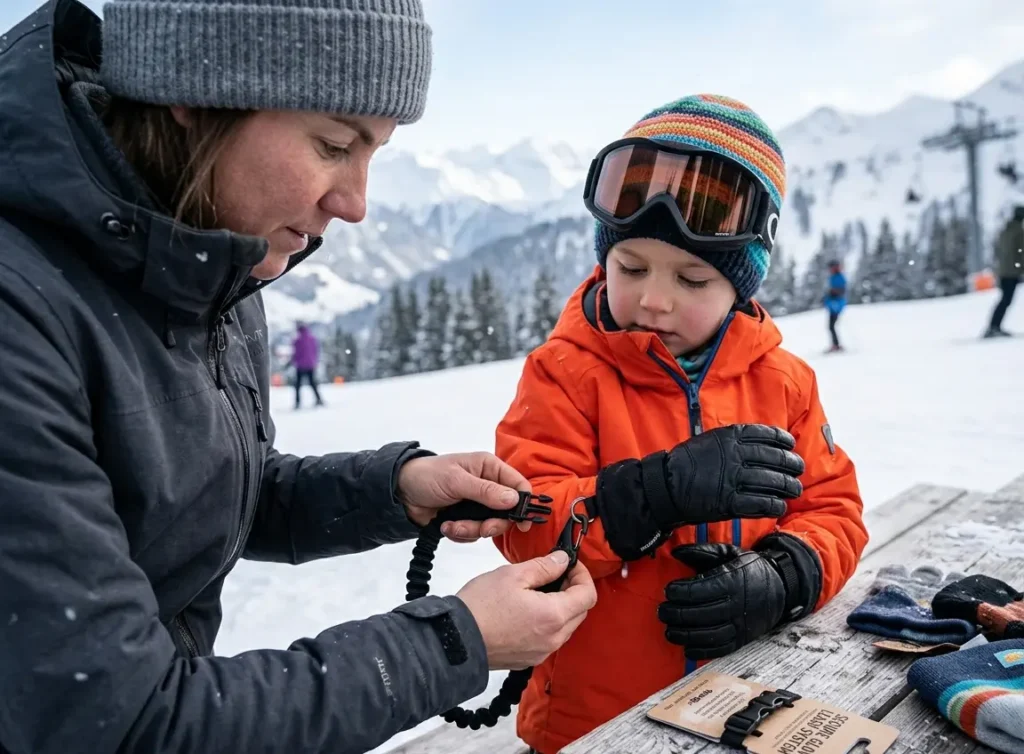 A parent showing how to attach ski gloves to kids' jackets using a secure wrist leash on the mountain