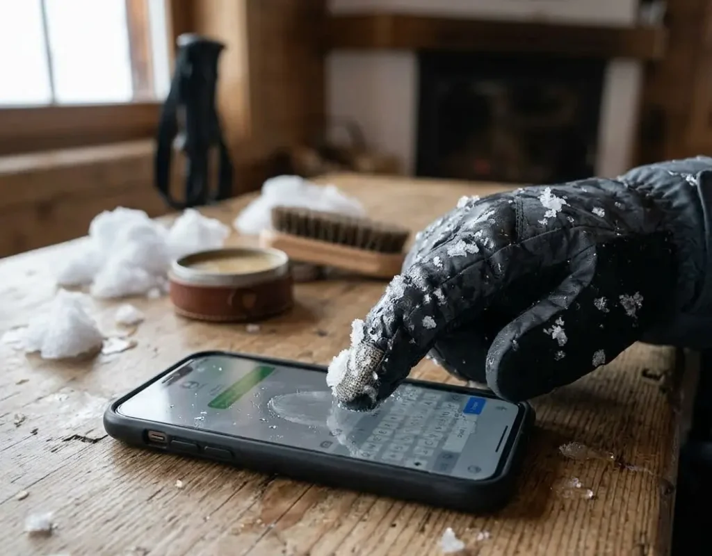 Testing phone screen responsiveness with a wet ski glove to show how moisture blocks capacitive touch