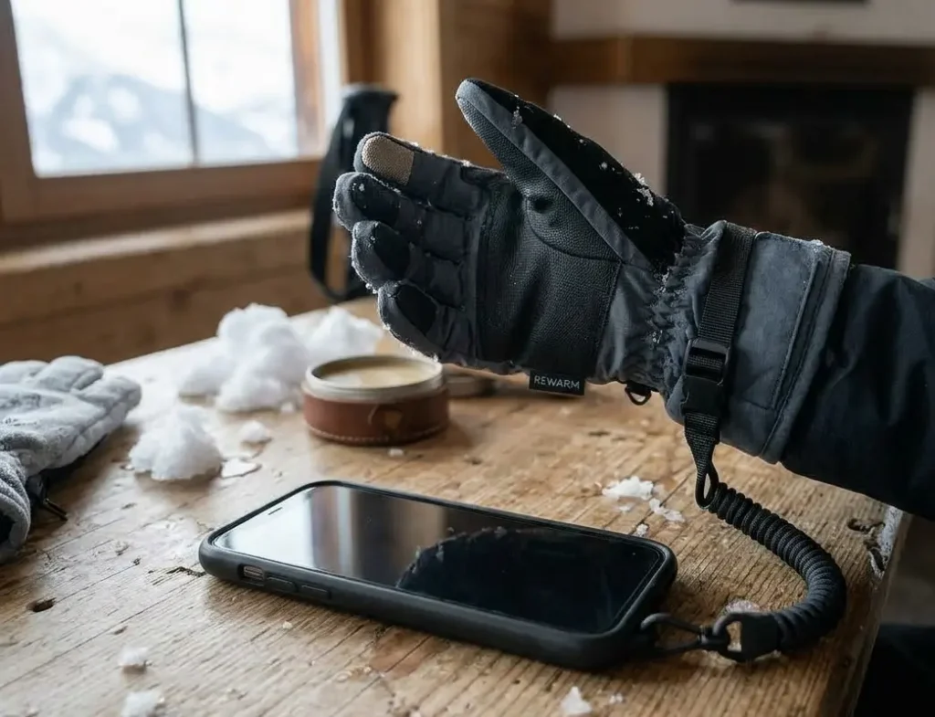 A smartphone secured with a wrist strap to prevent dropping it in deep powder while skiing