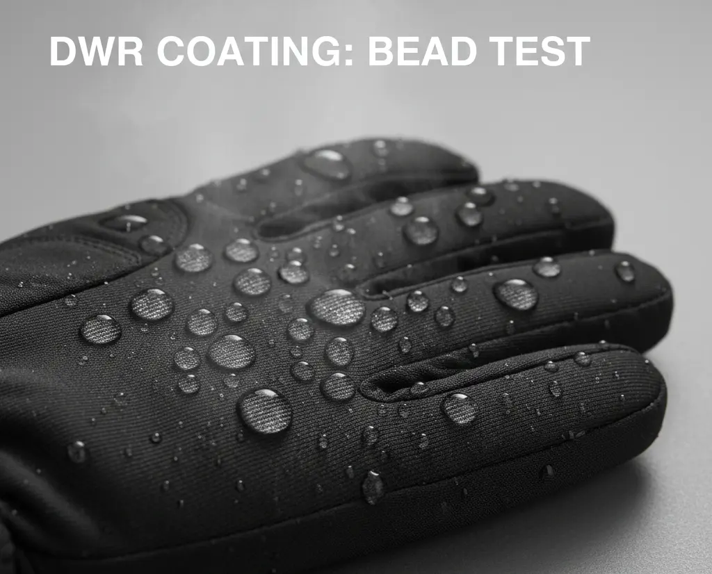  Demonstrating the water bead test on a ski glove to check if the factory DWR waterproof coating is still functional before a mountain trip