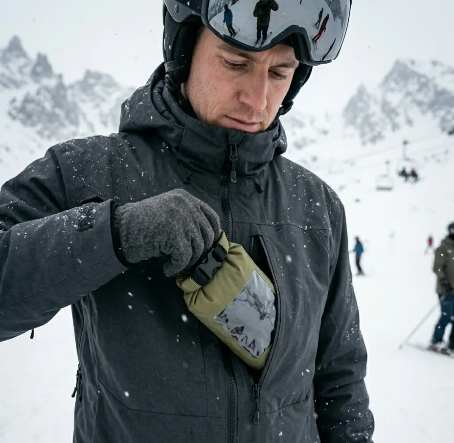 Skier demonstrating how to carry extra ski gloves safely in a waterproof dry bag inside a chest pocket.
