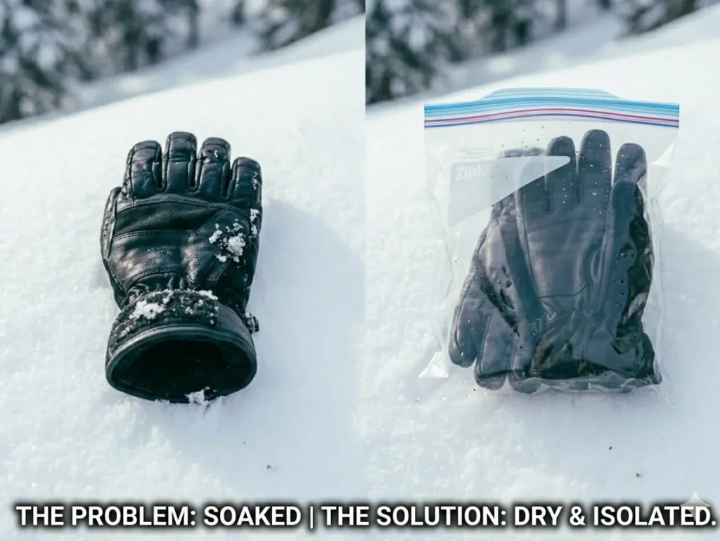  A soaked ski glove next to a dry spare pair protected in a plastic bag.