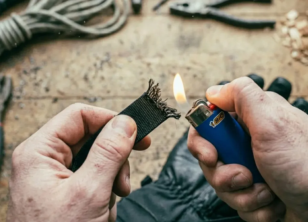 Melting the cut ends of flat elastic with a lighter to prevent fraying during ski glove repair
