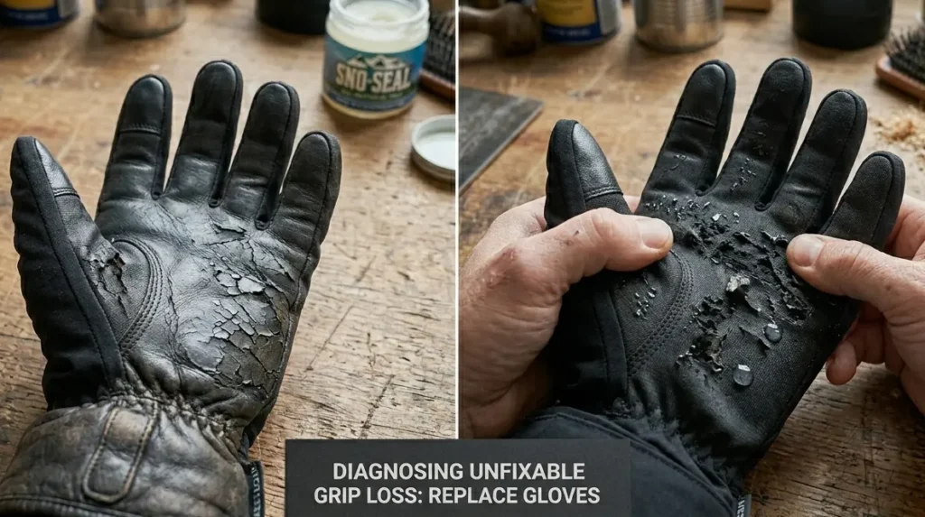 Diagnosing severe grip loss and smooth, shiny leather palms as a primary indicator to replace ski gloves