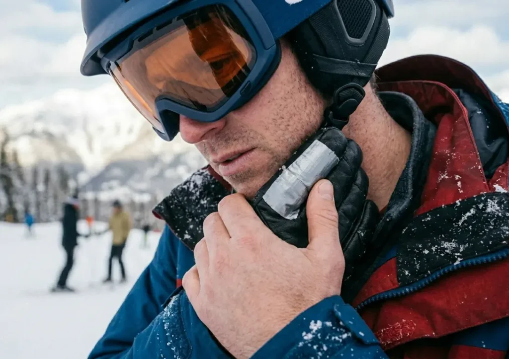  Pressing a duct-taped ski glove against the neck to activate the tape's adhesive with body heat
