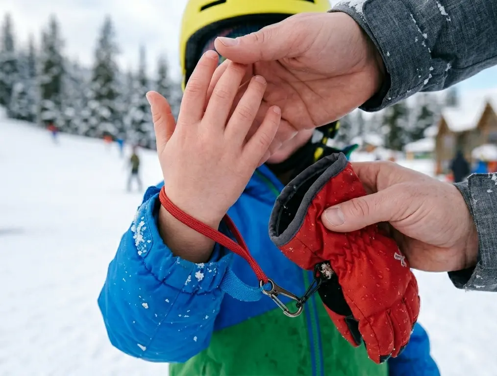 Correctly placing a ski glove wrist leash onto a child's bare wrist before putting the glove on