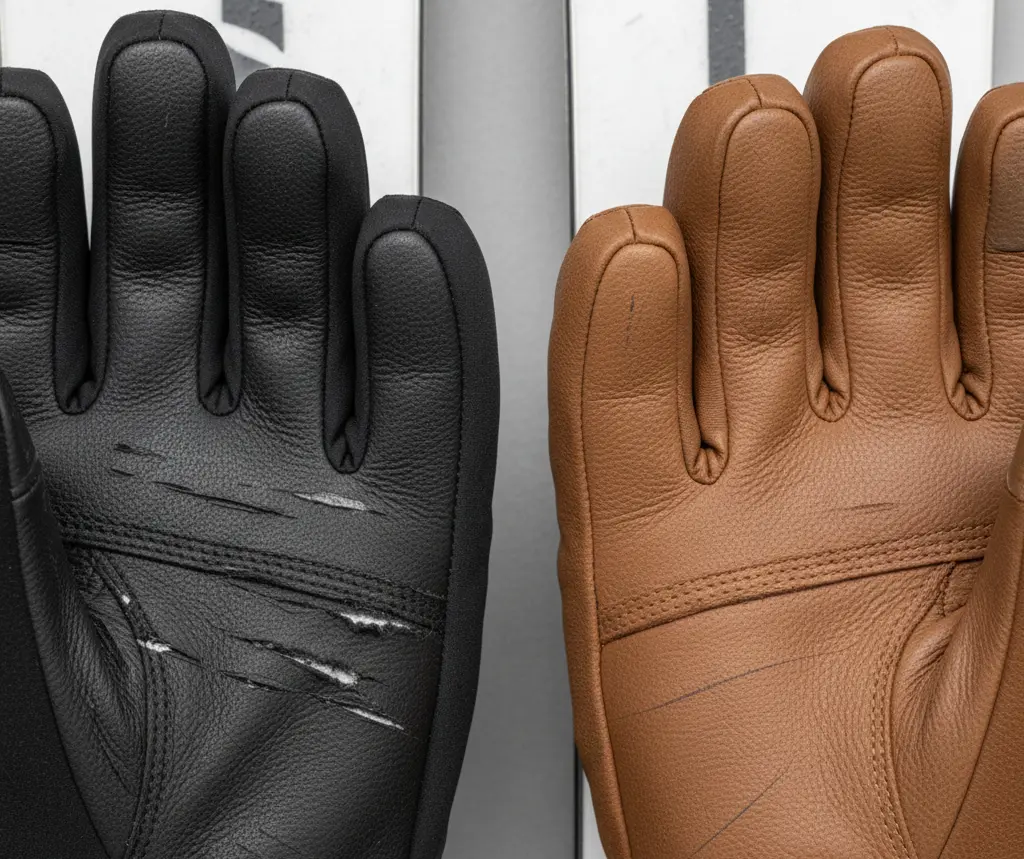  Damage to ski glove palm caused by carrying sharp ski edges.