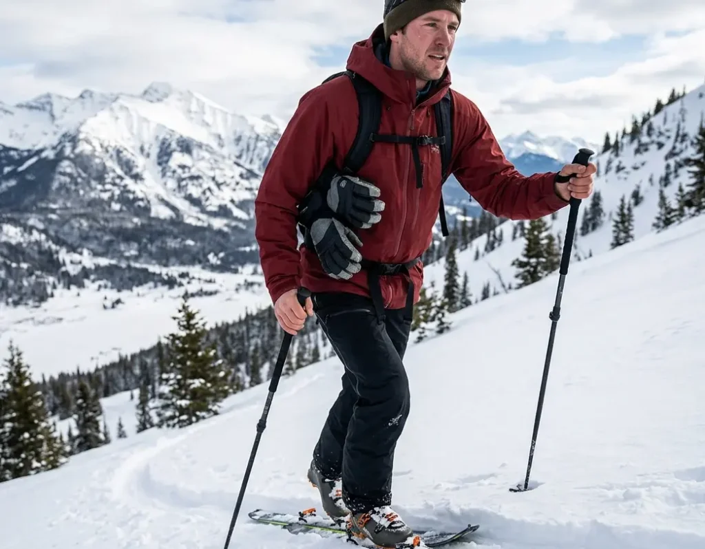 Skier removing heavy ski gloves during uphill backcountry travel to prevent overheating