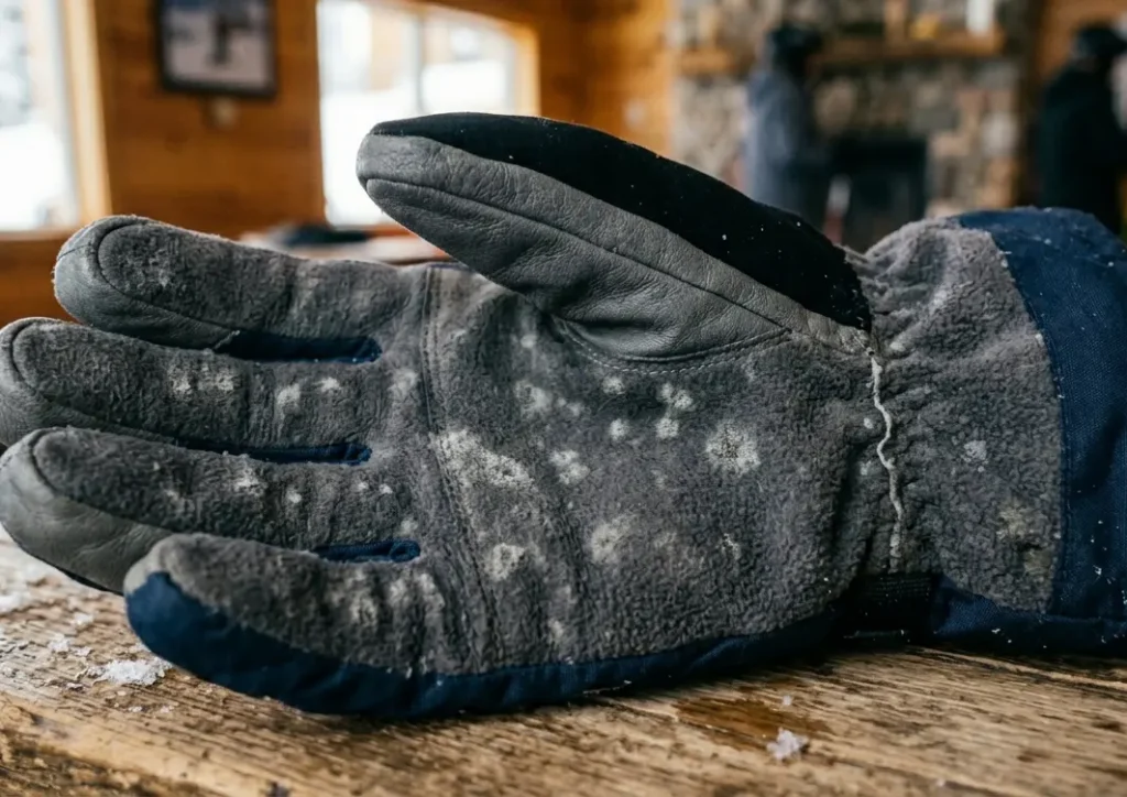 Close up showing white mildew spots on the interior lining of a ruined ski glove