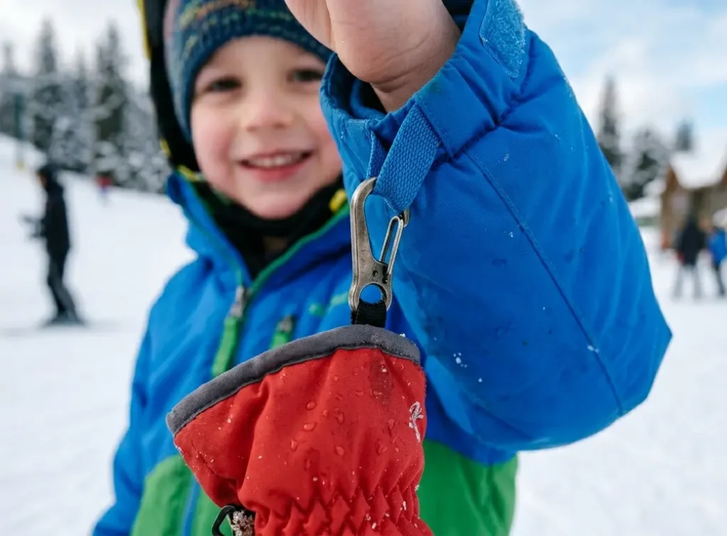 Testing the spring tension of a metal glove clip holding a wet kid's ski glove on the mountain