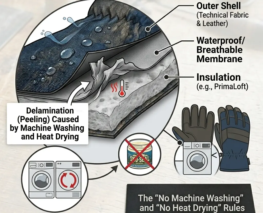 Diagram showing how machine washing and heat drying cause internal waterproof membrane delamination in ski gloves
