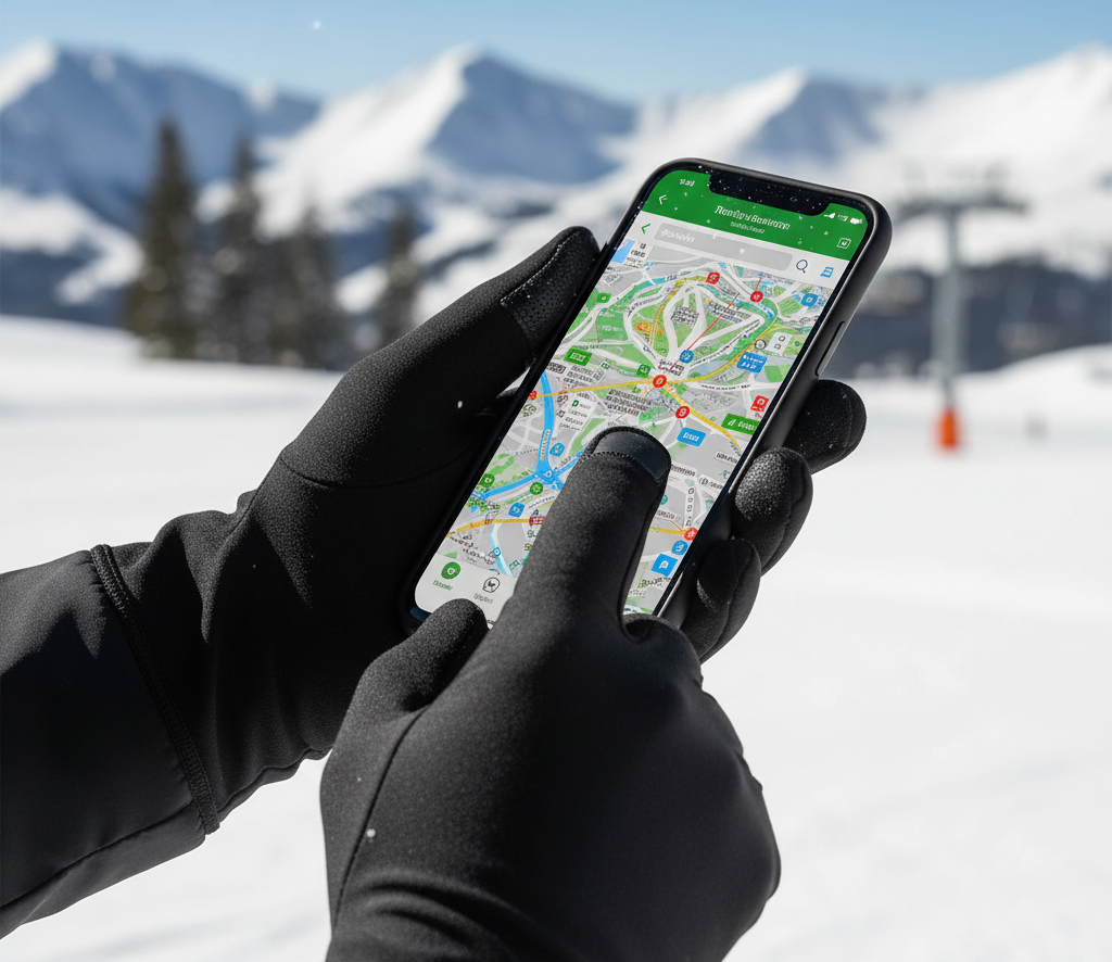 Close-up of touchscreen glove liners operating a smartphone on slopes — modern ski glove liners