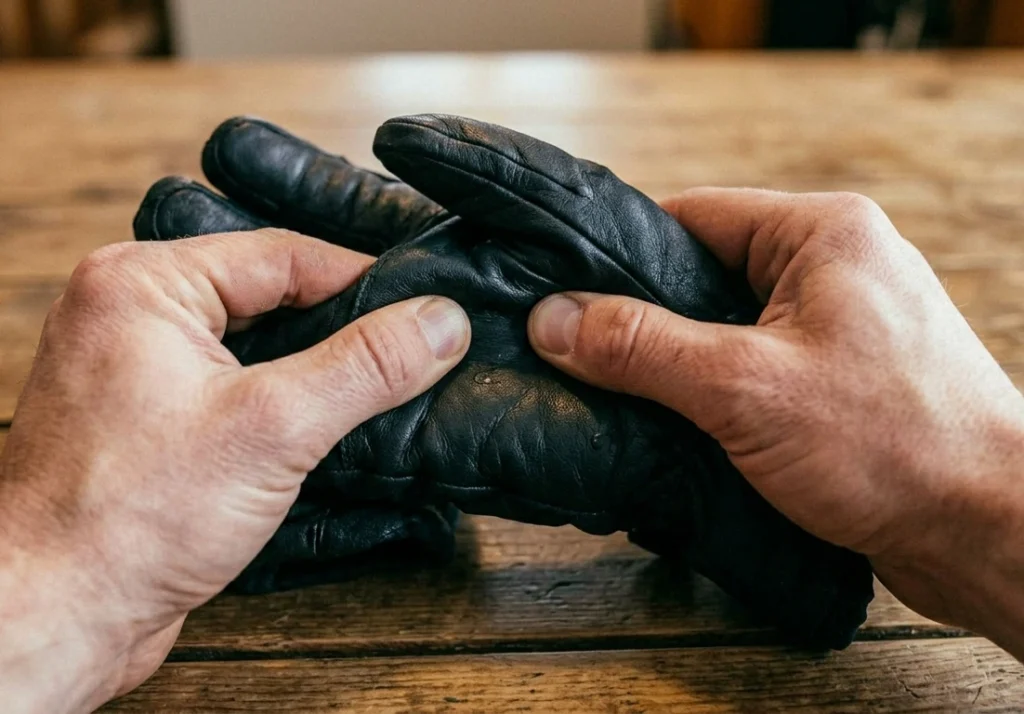  Pressing the back of a ski glove to test if the insulation is compressed or fully dry