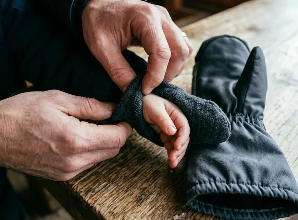 Putting a thin moisture-wicking merino wool liner on a toddler's hand to manage sweat