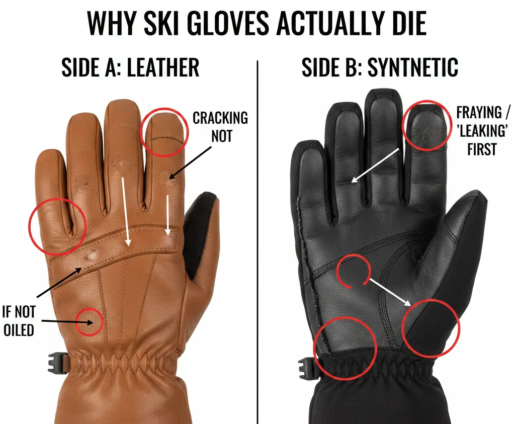 Diagram showing common failure points in leather vs synthetic ski gloves.