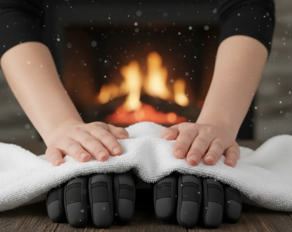 Using a towel to safely press moisture out of ski gloves without wringing the seams