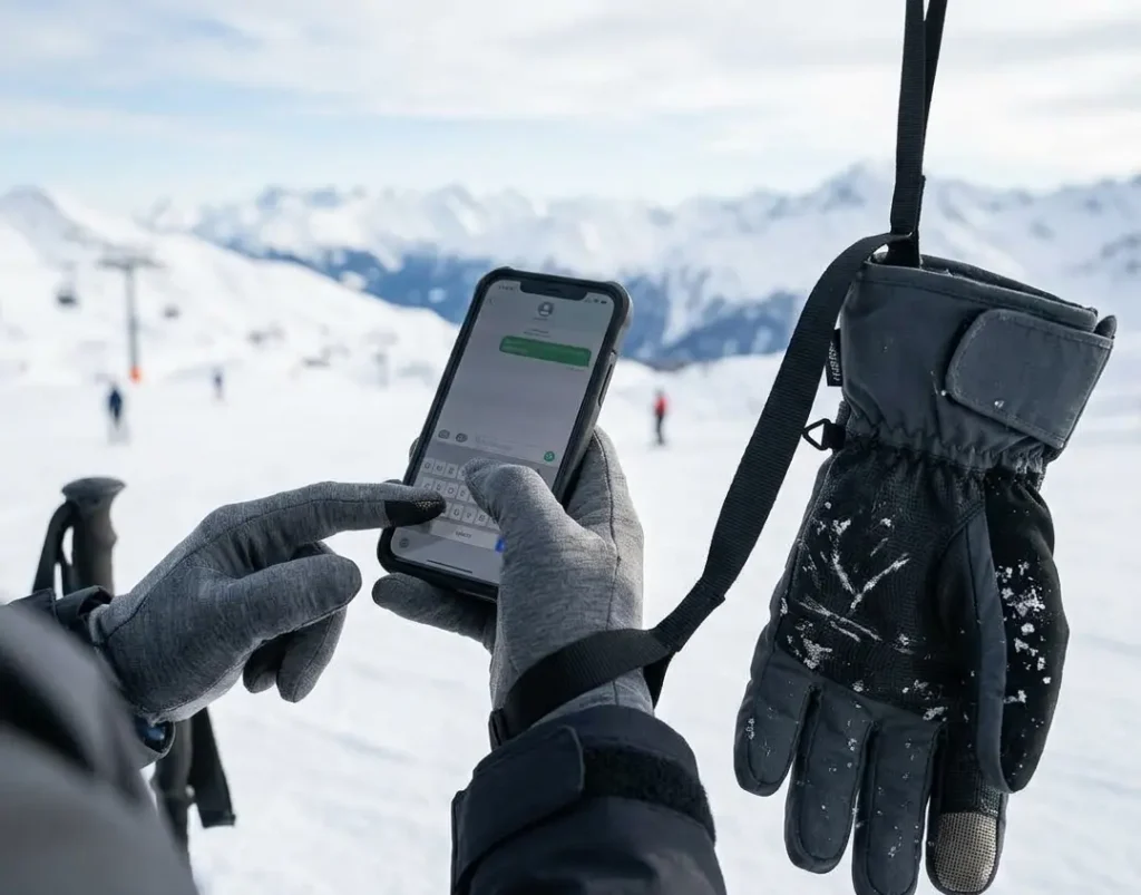  A skier using a touchscreen liner glove to type on a phone while the shell glove hangs from a wrist leash