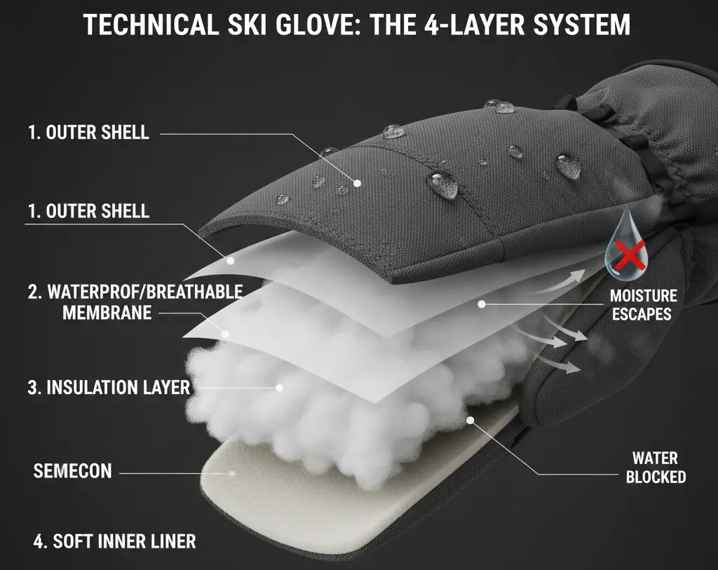 Cross-section diagram of a technical ski glove showing the waterproof membrane and insulation layers
