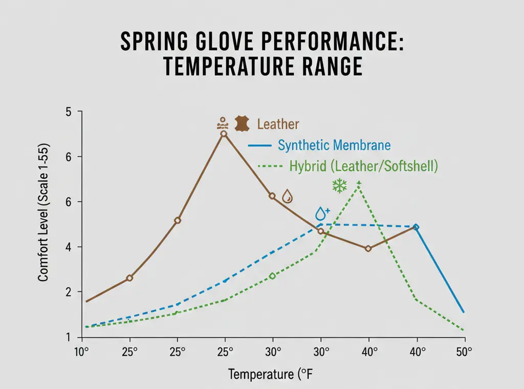 Chart showing the effective temperature performance ranges for different types of lightweight spring ski gloves