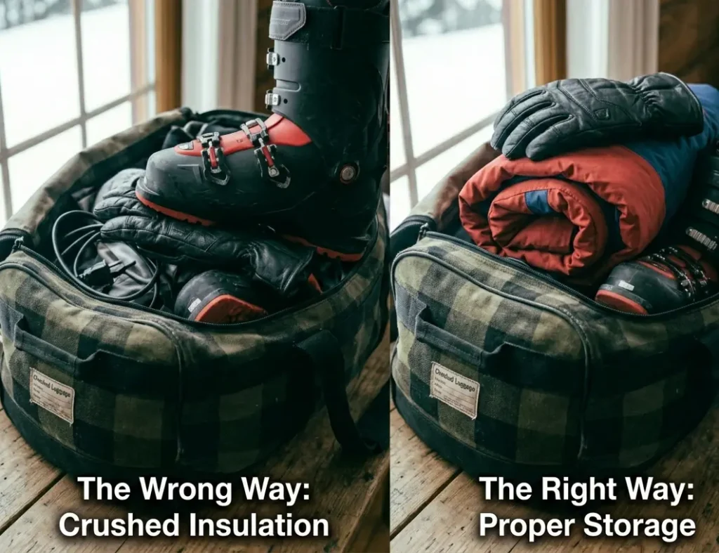 A flattened ski glove crushed by a heavy ski boot compared to properly packed gear