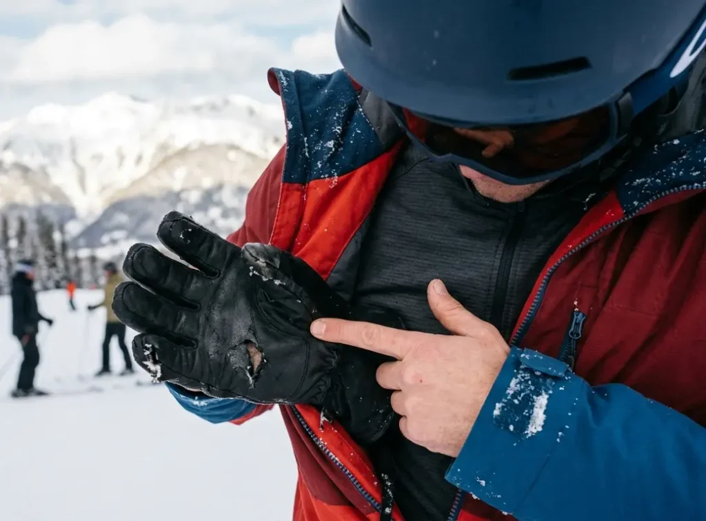 A skier drying a torn ski glove against their base layer inside their jacket before applying duct tape