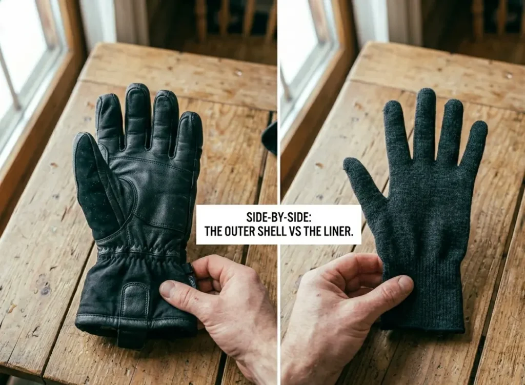 A thin merino wool liner next to a heavy outer ski glove used to prevent bacterial buildup