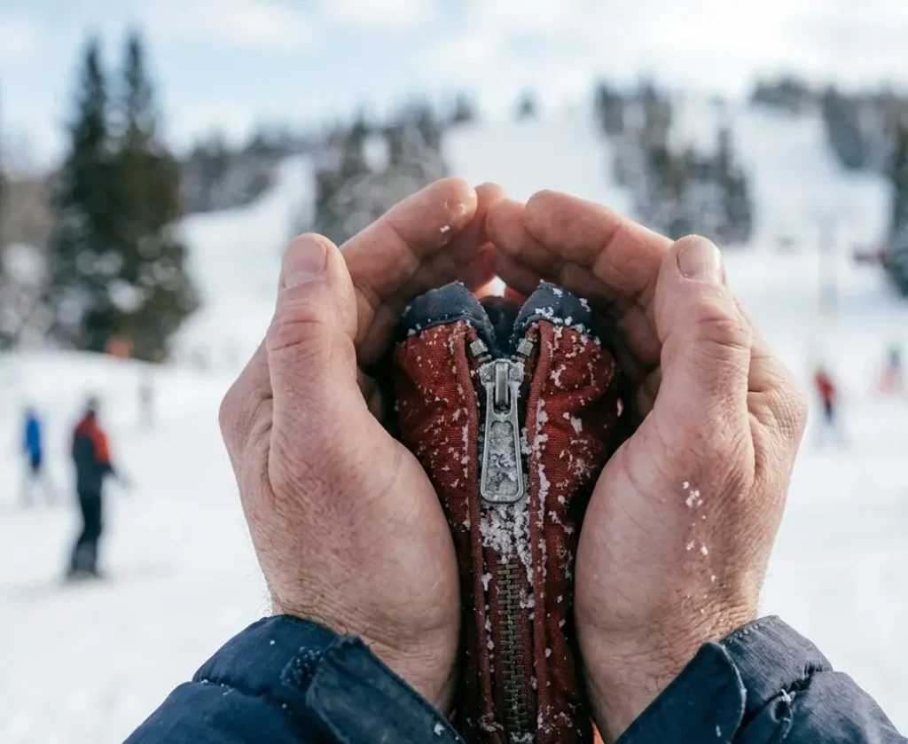 Skier using bare hands to warm a frozen ski glove zipper slider on the mountain