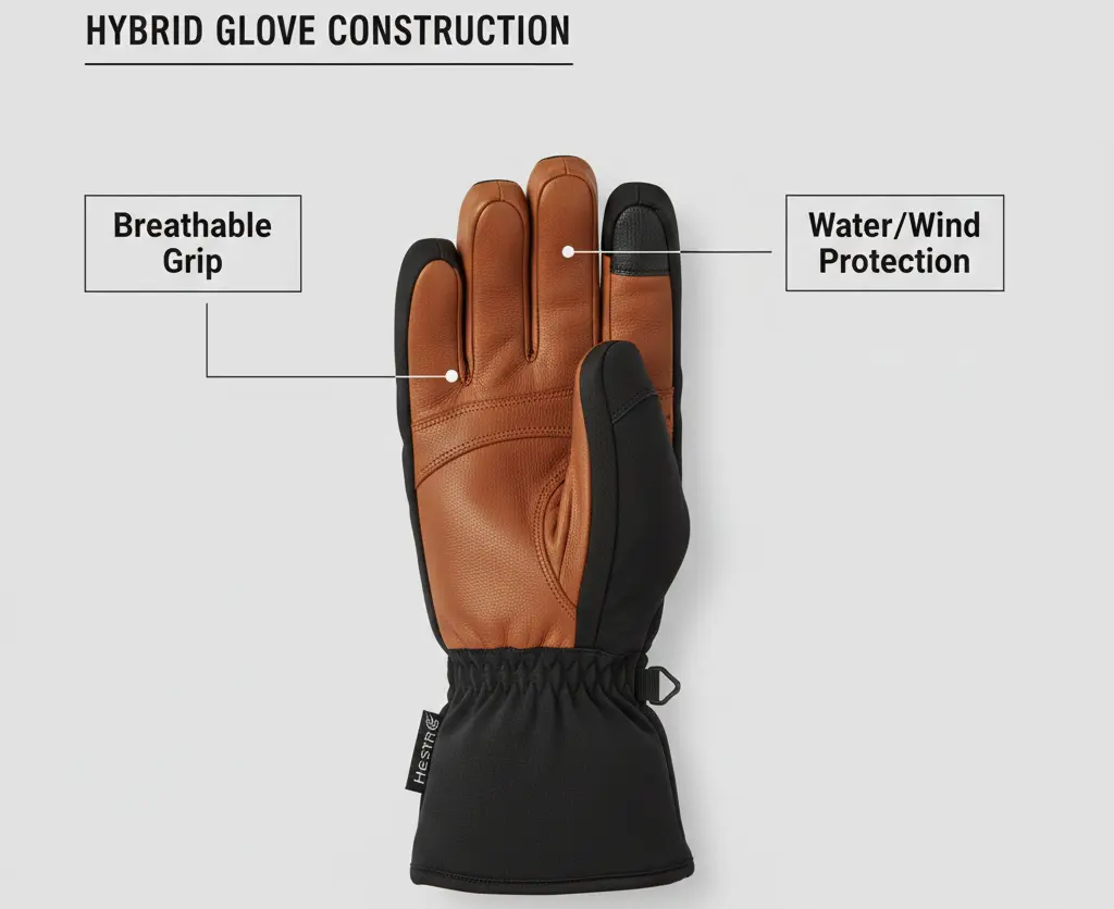 Technical breakdown of hybrid glove construction showing why leather palms and synthetic backs work best for spring skiing